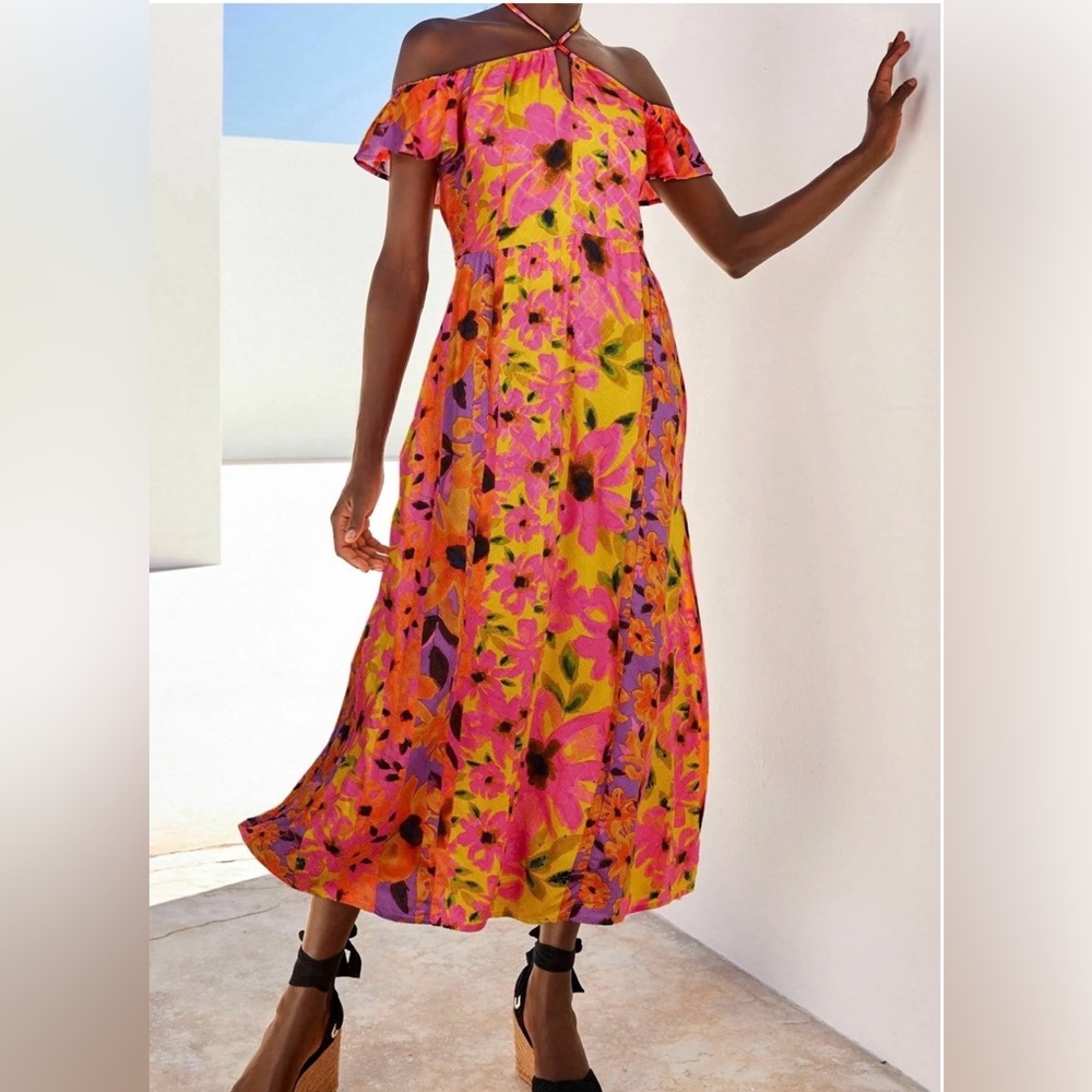 NWOT. NEXT UK. Bright Pink & Orange Floral Off-Shoulder Maxi Dress. Size 8.